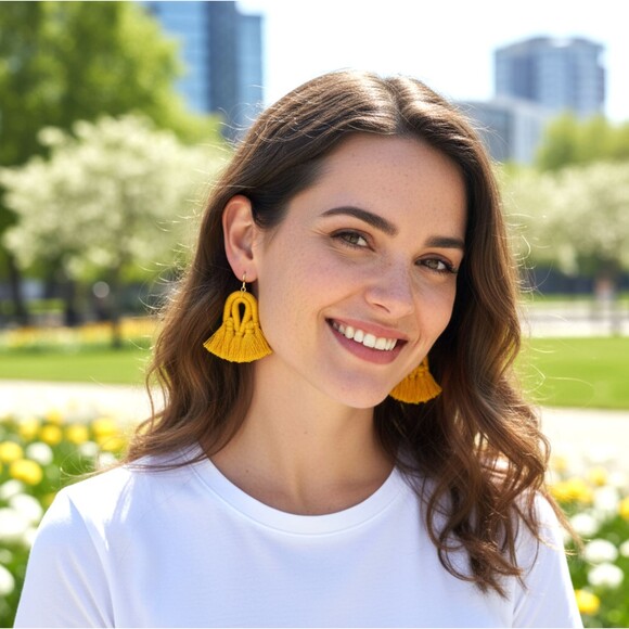 J. Jill Cotton Macramé Tassel Earrings Yellow Fringe Boho Statement Dangle Drop - Picture 1 of 13